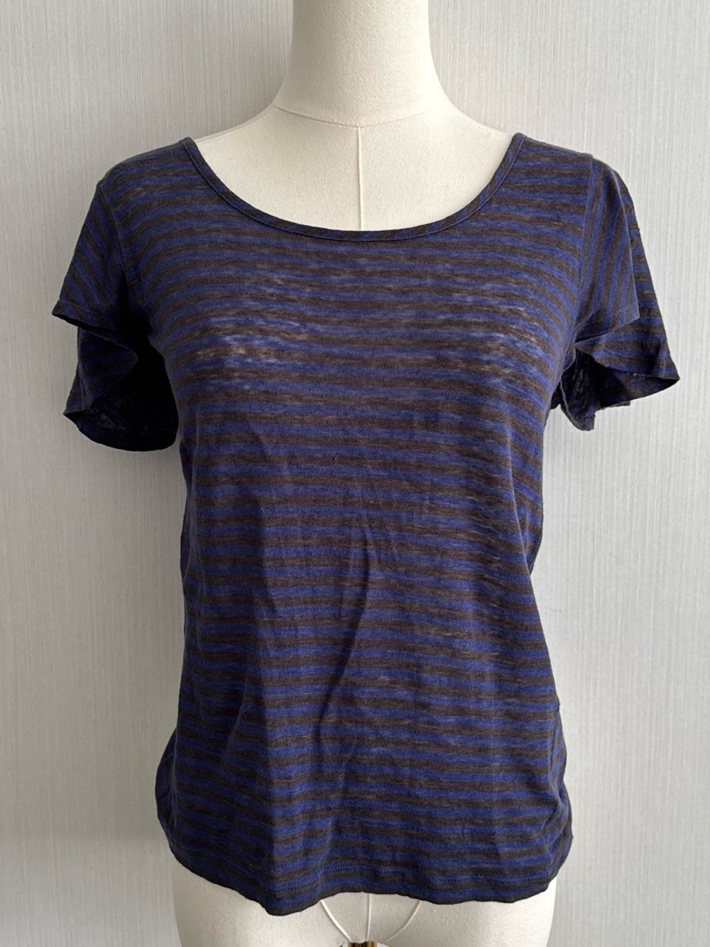 Madewell Navy and Grey Linen Striped Scoop Neck Tee